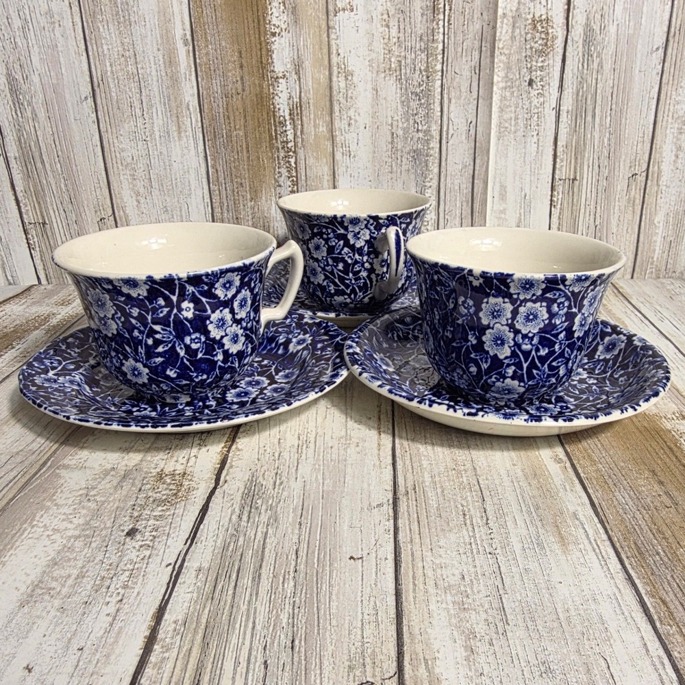 Vintage Burleigh Blue Calico Plate Set England Staffordshire 6 PC/w 1 Deep Plate